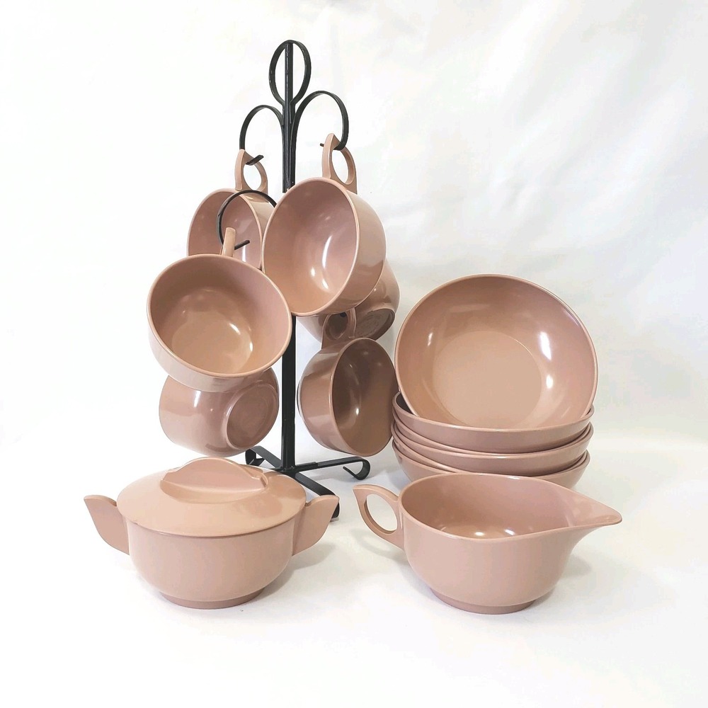 Vintage Melmac Miramar 16 Pc Breakfast Set With Tree Mug Taupe Brown